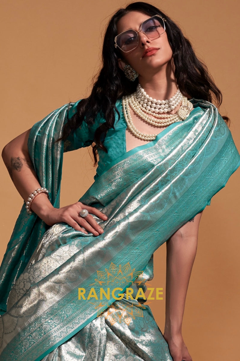 Silver Turquoise Woven Kanjivaram Silk Saree