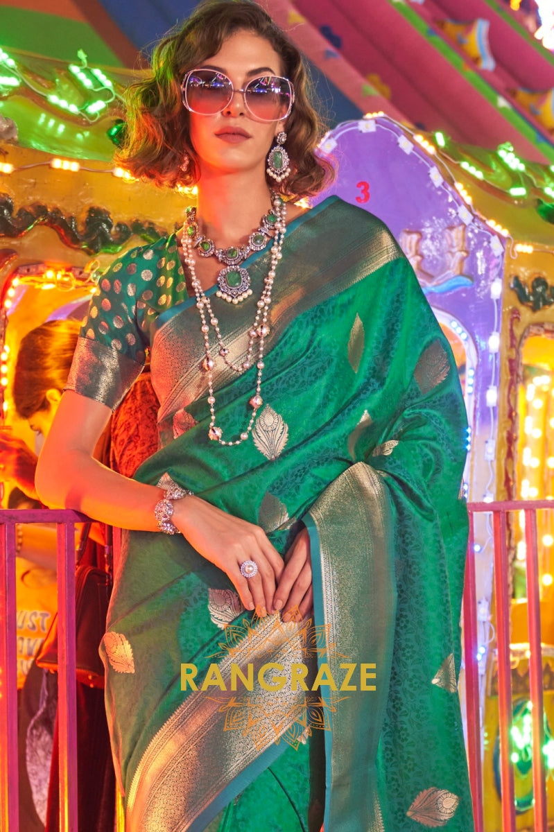 Carnival Teal Green Banarasi Woven Soft Silk Saree