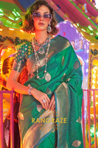 Carnival Teal Green Banarasi Woven Soft Silk Saree
