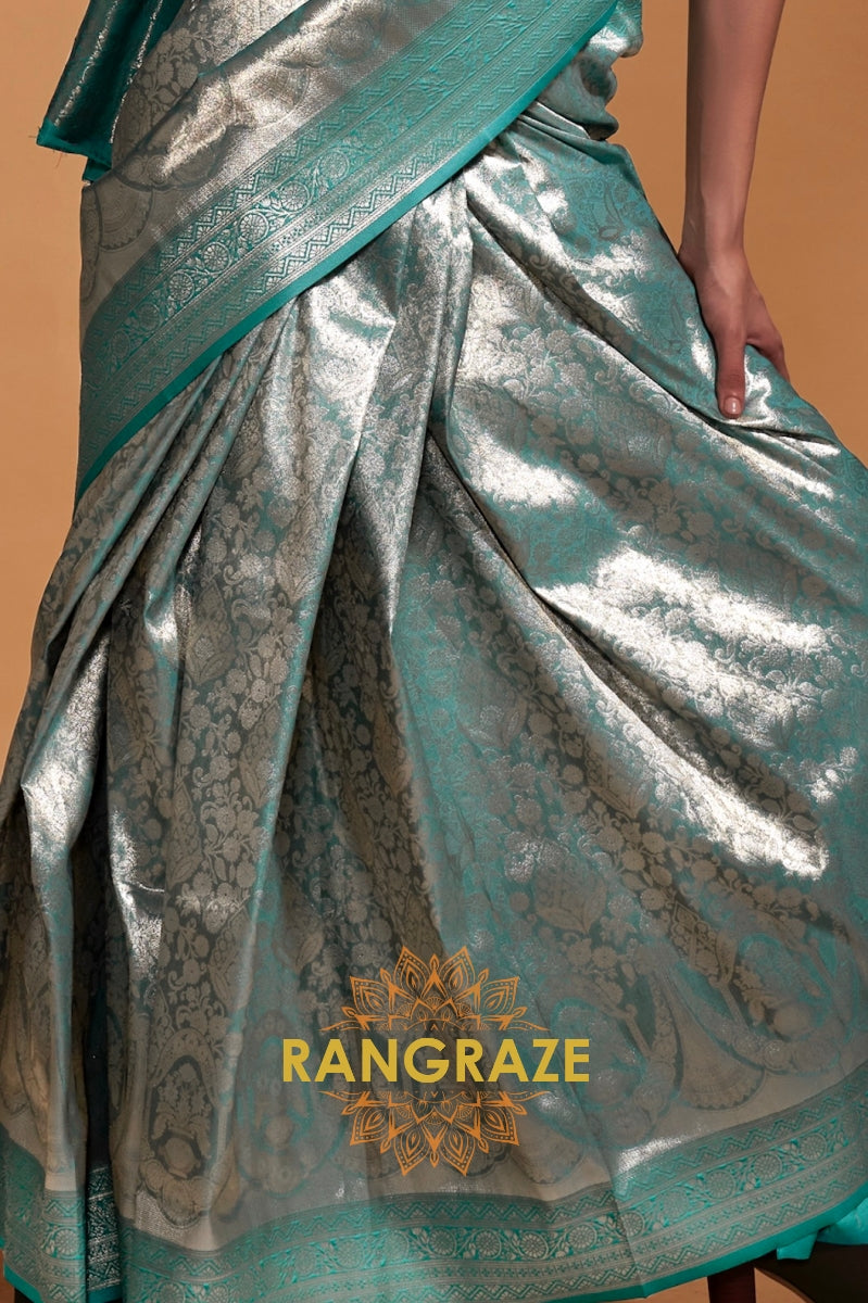 Silver Turquoise Woven Kanjivaram Silk Saree