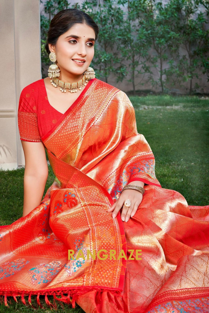 Pink Orange Kanjivaram Silk Saree with Heavy Pallu