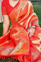 Pink Orange Kanjivaram Silk Saree with Heavy Pallu