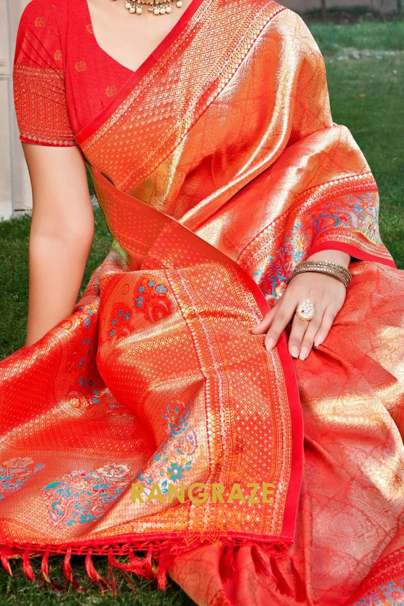 Pink Orange Kanjivaram Silk Saree with Heavy Pallu