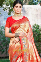 Pink Orange Kanjivaram Silk Saree with Heavy Pallu