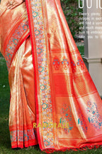 Pink Orange Kanjivaram Silk Saree with Heavy Pallu