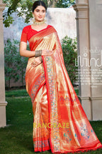 Pink Orange Kanjivaram Silk Saree with Heavy Pallu
