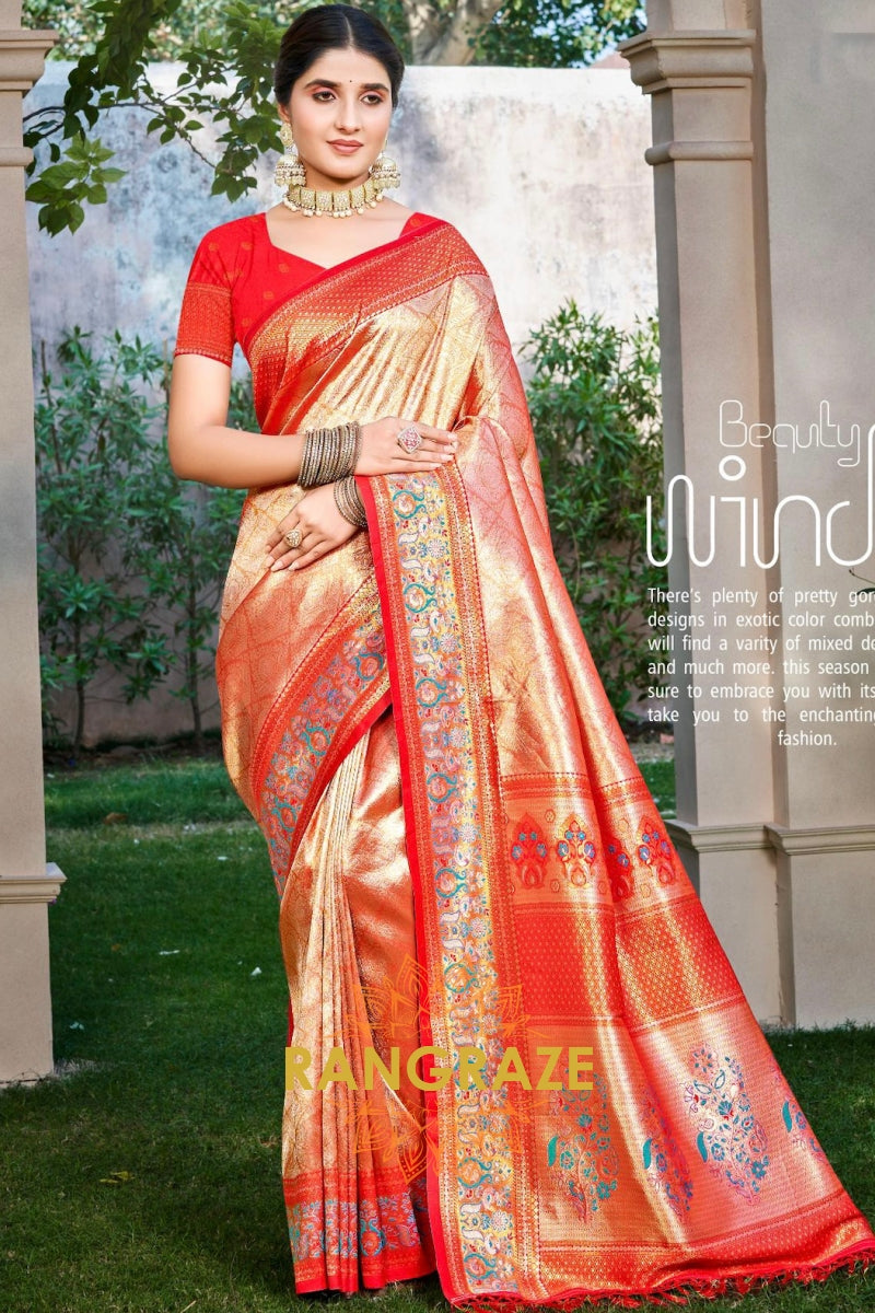 Pink Orange Kanjivaram Silk Saree with Heavy Pallu