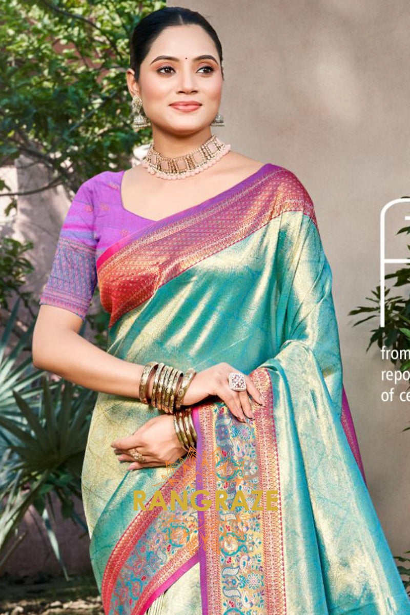 Turquoise Kanjivaram Silk Saree with Heavy Pallu