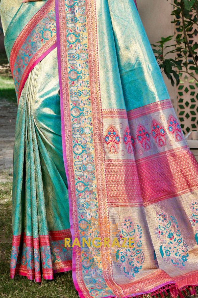 Turquoise Kanjivaram Silk Saree with Heavy Pallu