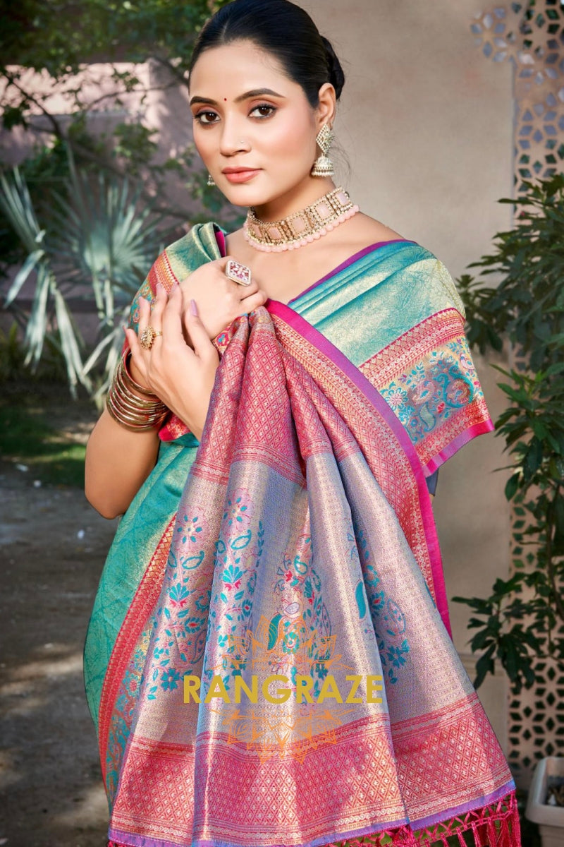 Turquoise Kanjivaram Silk Saree with Heavy Pallu