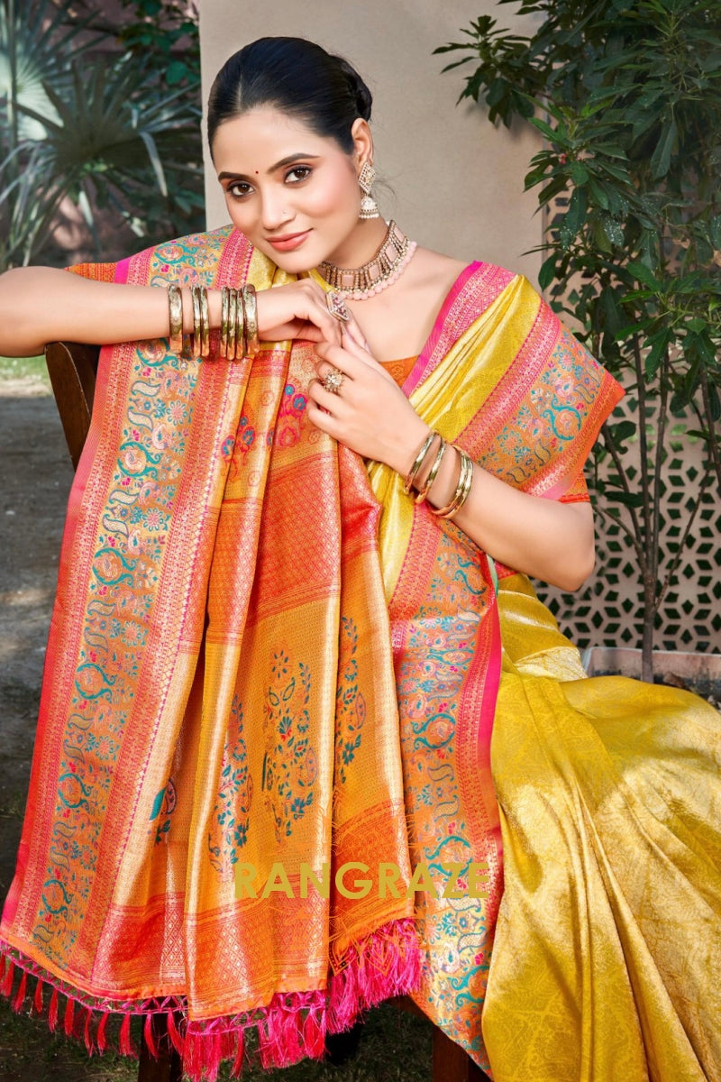 Golden Yellow Kanjivaram Silk Saree with Heavy Pallu