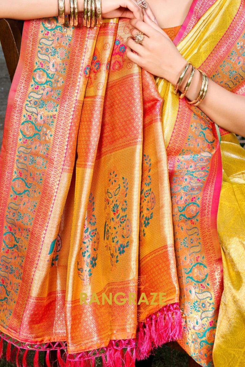 Golden Yellow Kanjivaram Silk Saree with Heavy Pallu