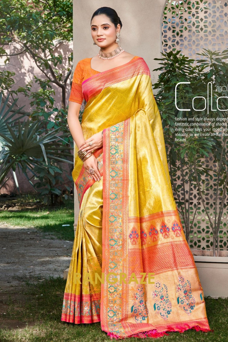 Golden Yellow Kanjivaram Silk Saree with Heavy Pallu