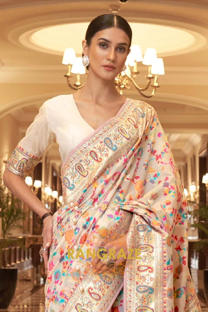 Pearl White Multi Color Woven Pashmina Jamewar Saree