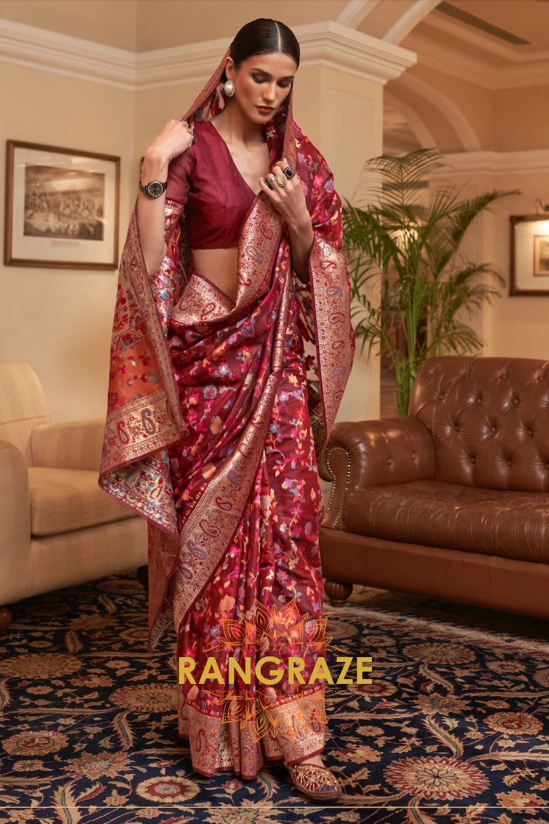 Maroon Multi Color Woven Pashmina Jamewar Saree