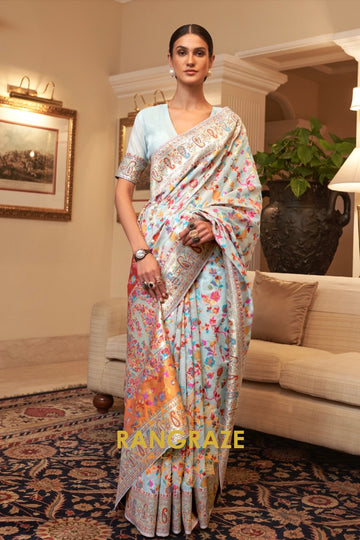 Ice Blue Multi Color Woven Pashmina Jamewar Saree