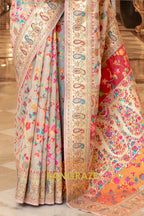 Pearl White Multi Color Woven Pashmina Jamewar Saree