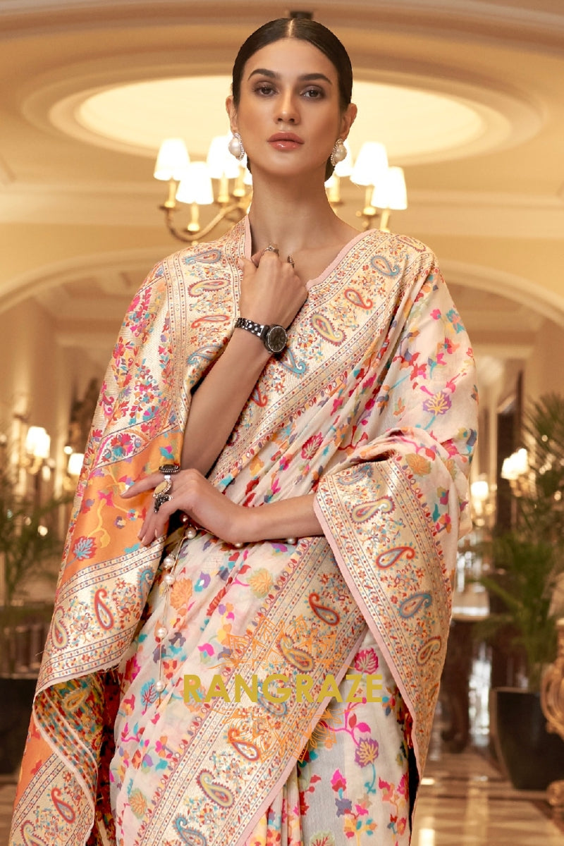 Pearl White Multi Color Woven Pashmina Jamewar Saree
