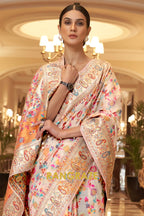 Pearl White Multi Color Woven Pashmina Jamewar Saree