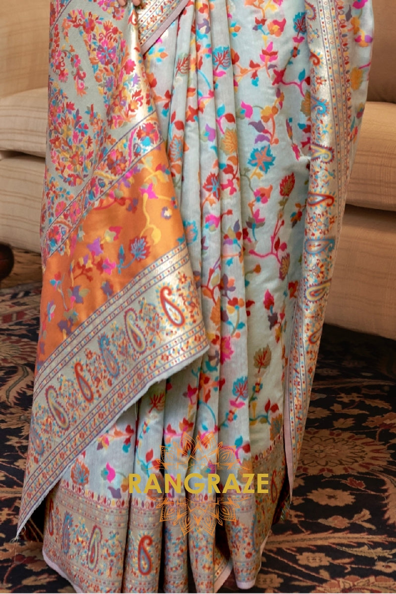 Ice Blue Multi Color Woven Pashmina Jamewar Saree