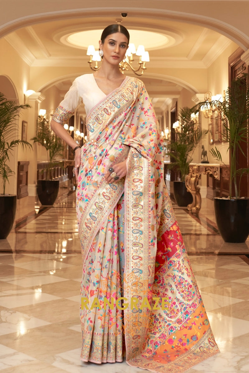 Pearl White Multi Color Woven Pashmina Jamewar Saree