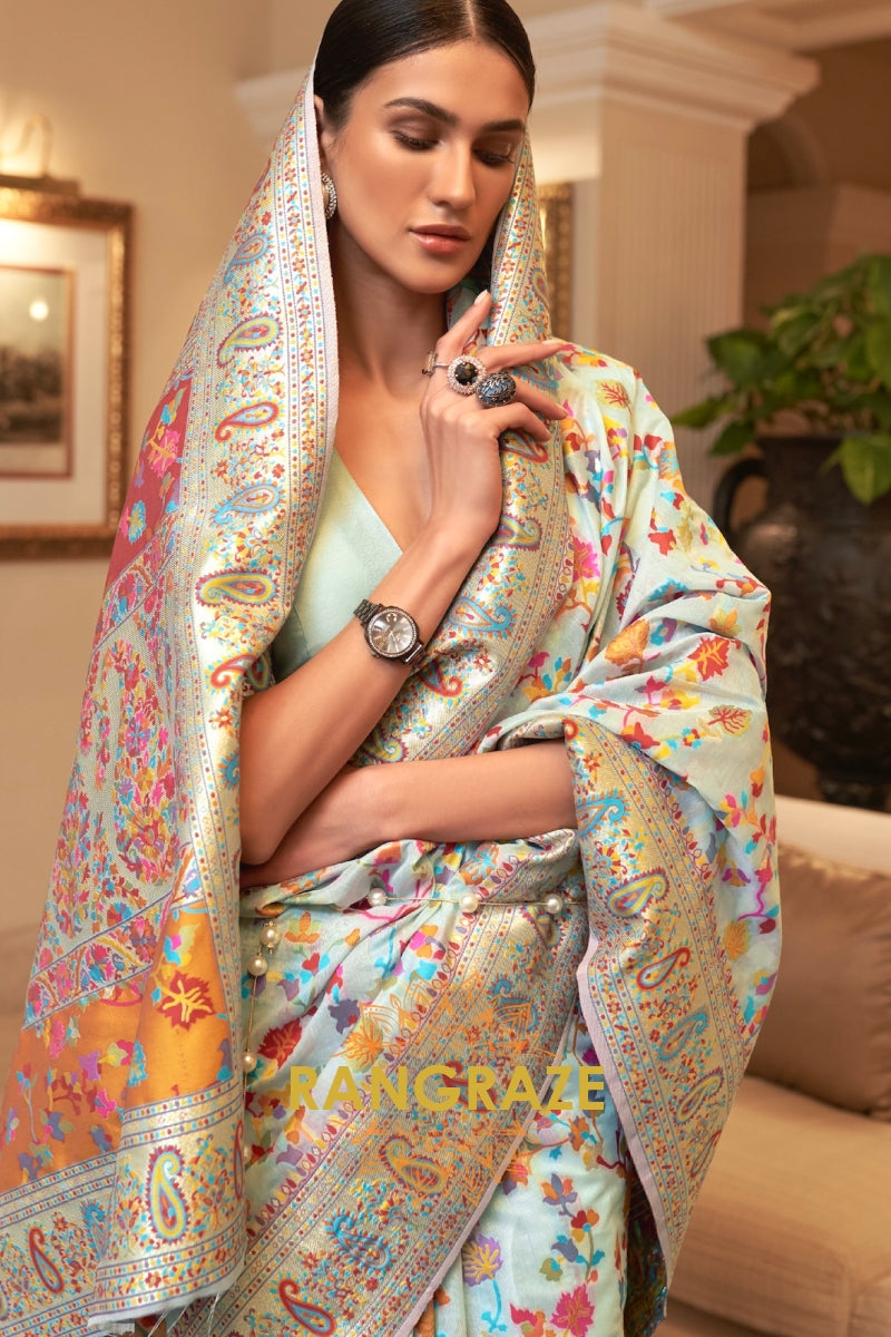 Ice Blue Multi Color Woven Pashmina Jamewar Saree