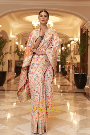 Pearl White Multi Color Woven Pashmina Jamewar Saree