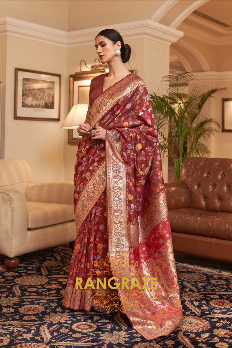 Maroon Multi Color Woven Pashmina Jamewar Saree