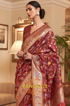 Maroon Multi Color Woven Pashmina Jamewar Saree