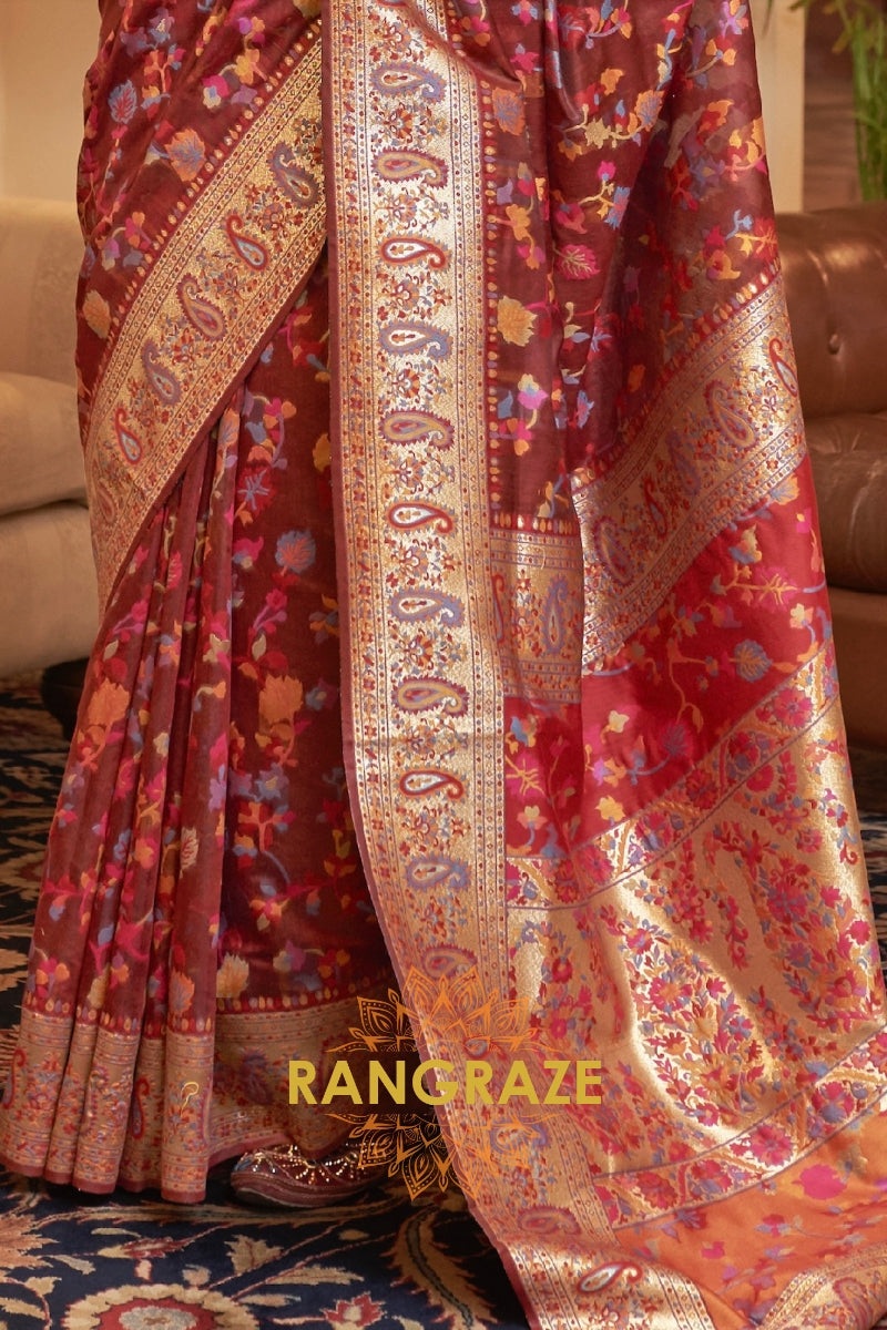 Maroon Multi Color Woven Pashmina Jamewar Saree