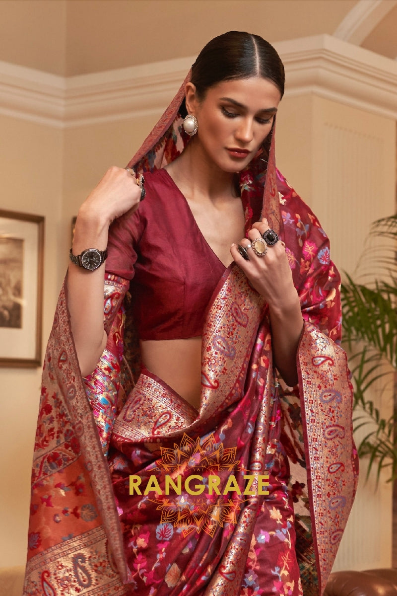 Maroon Multi Color Woven Pashmina Jamewar Saree