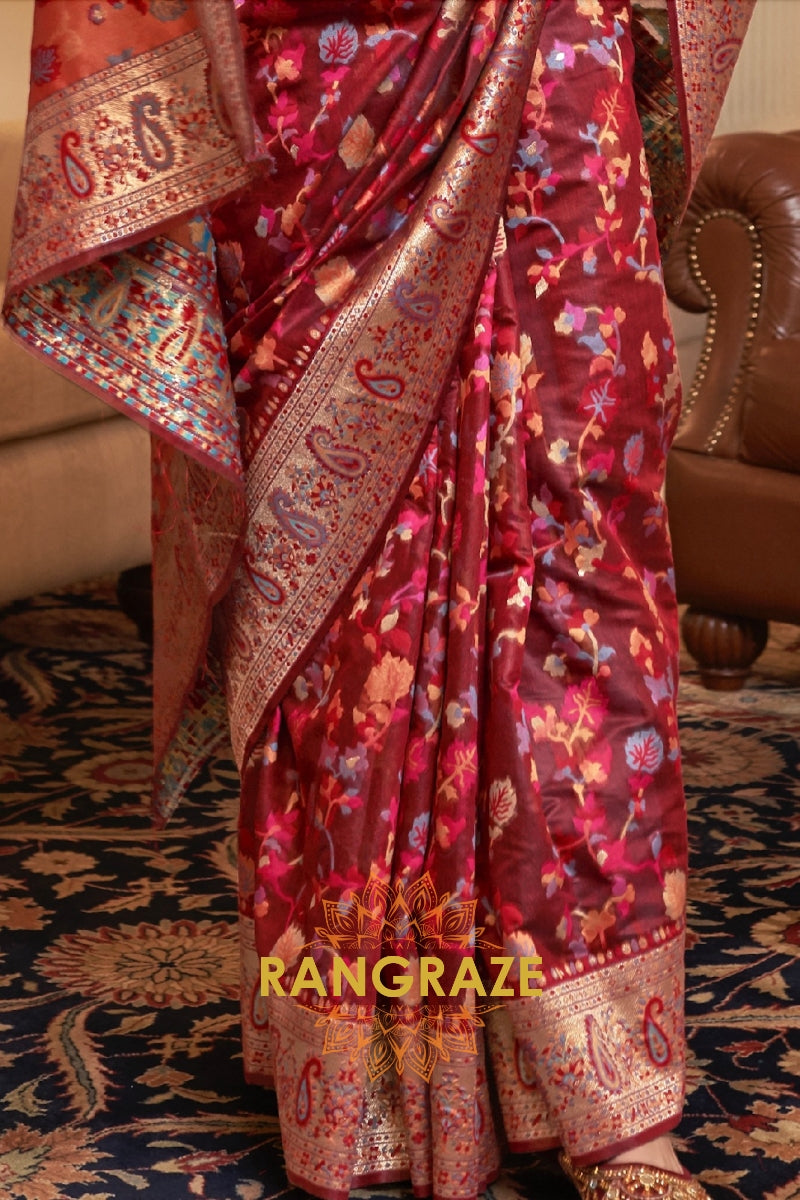 Maroon Multi Color Woven Pashmina Jamewar Saree