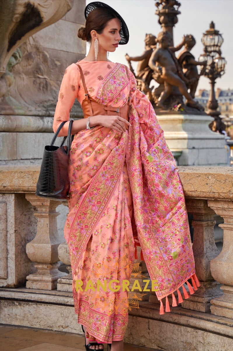 Pastel Peach Organza Parsi Handloom Weaving Jamewar Saree