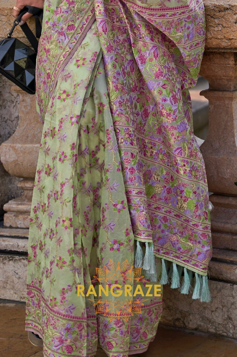 Sea Green Organza Parsi Handloom Weaving Jamewar Saree