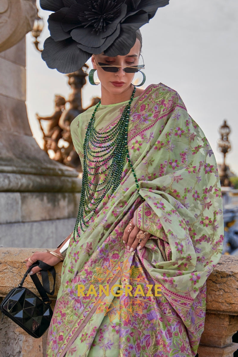 Sea Green Organza Parsi Handloom Weaving Jamewar Saree