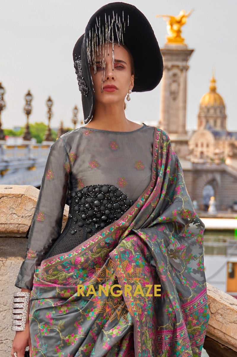 Lead Black Organza Parsi Handloom Weaving Jamewar Saree