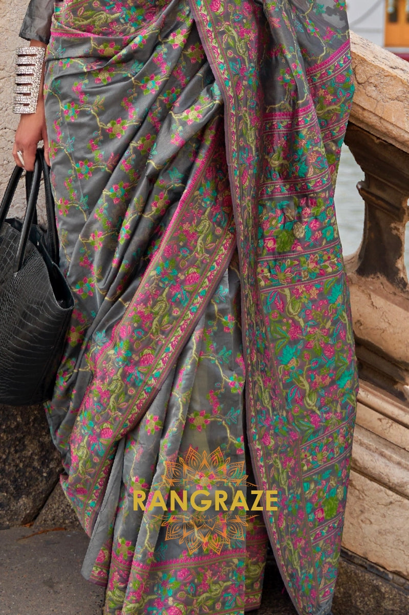Lead Black Organza Parsi Handloom Weaving Jamewar Saree