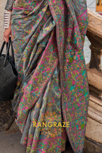 Lead Black Organza Parsi Handloom Weaving Jamewar Saree