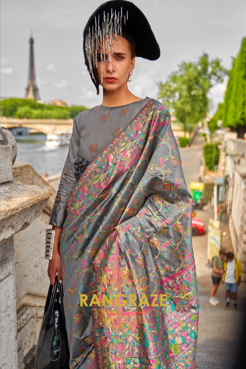 Lead Black Organza Parsi Handloom Weaving Jamewar Saree