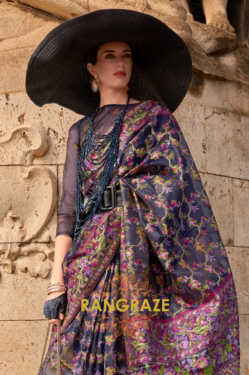 Cherry Blue Organza Parsi Handloom Weaving Jamewar Saree