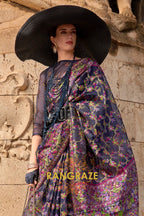 Cherry Blue Organza Parsi Handloom Weaving Jamewar Saree