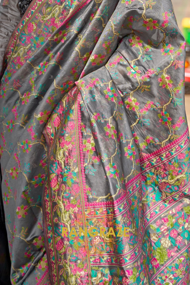 Lead Black Organza Parsi Handloom Weaving Jamewar Saree