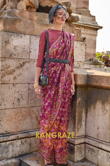 Magenta Pink Organza Parsi Handloom Weaving Jamewar Saree