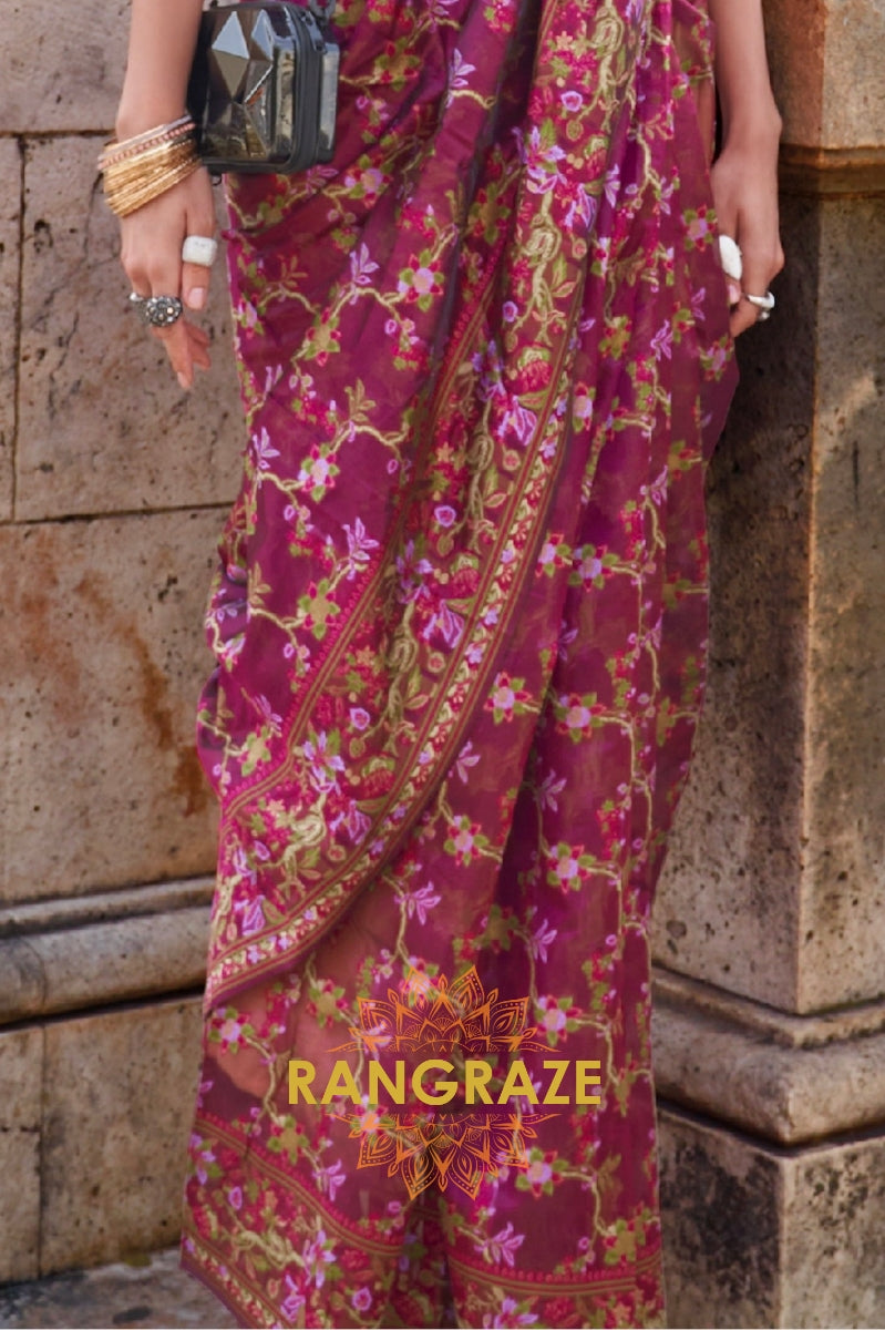 Magenta Pink Organza Parsi Handloom Weaving Jamewar Saree