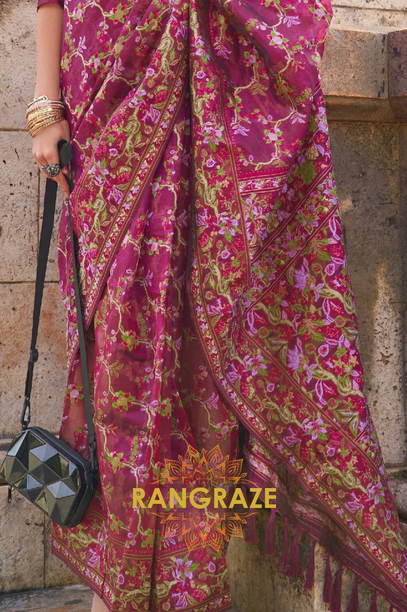 Magenta Pink Organza Parsi Handloom Weaving Jamewar Saree