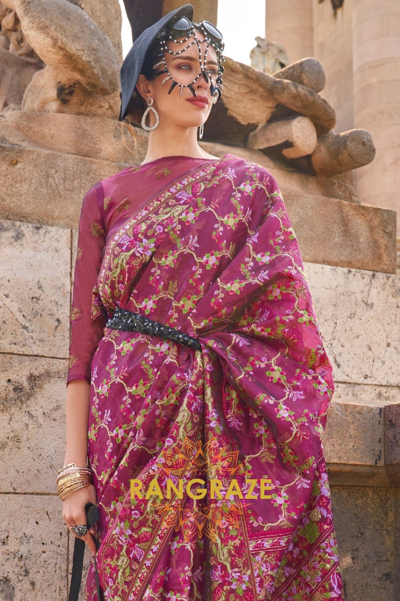 Magenta Pink Organza Parsi Handloom Weaving Jamewar Saree