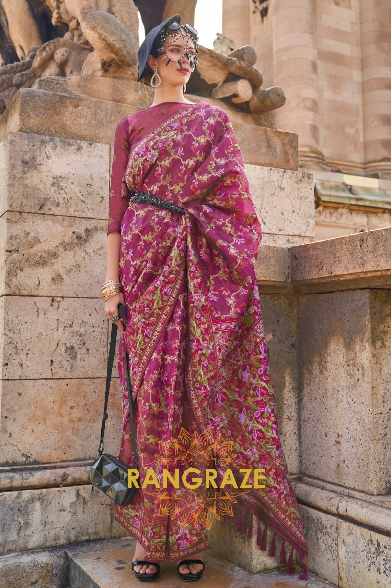 Magenta Pink Organza Parsi Handloom Weaving Jamewar Saree