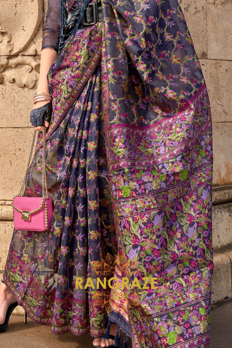 Cherry Blue Organza Parsi Handloom Weaving Jamewar Saree