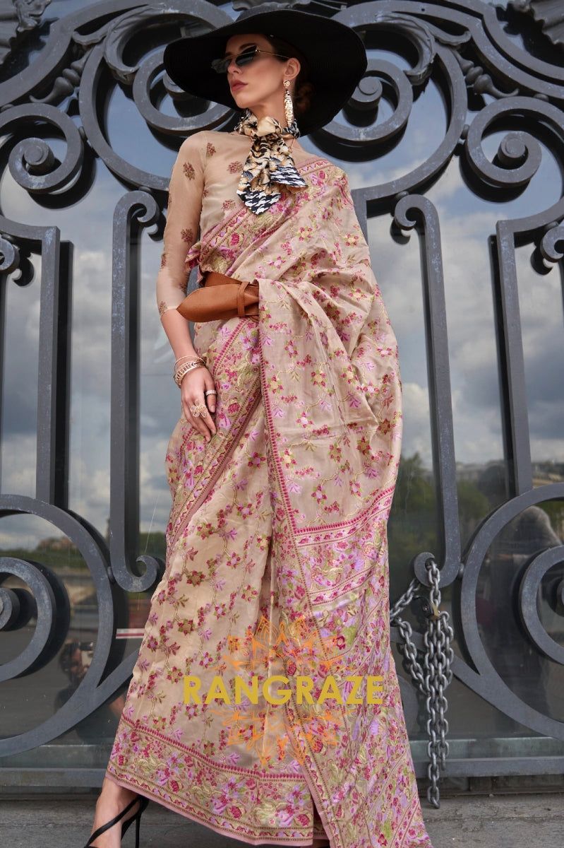 Cream Beige Organza Parsi Handloom Weaving Jamewar Saree