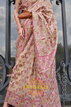 Cream Beige Organza Parsi Handloom Weaving Jamewar Saree